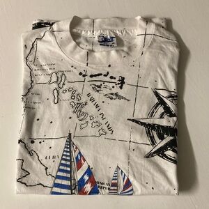 Ship and Map print on white t shirt showing Florida Keys, Cayman Island, etc